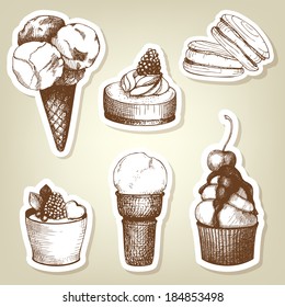 Vector collection of vintage hand drawn coffee and dessert stickers