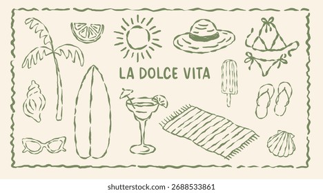 Vector collection of vintage hand drawn summer icon sketches for a seamless pattern design