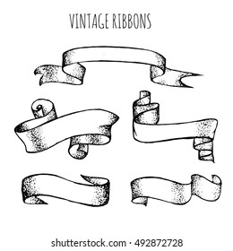 Vector collection of vintage hand drawn ribbons made in sketch style. Template for business card poster and banner, print for t-shirt