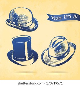 Vector Collection of Vintage Hats. Top hat - vintage brushstroke illustration. Vintage hats gentleman