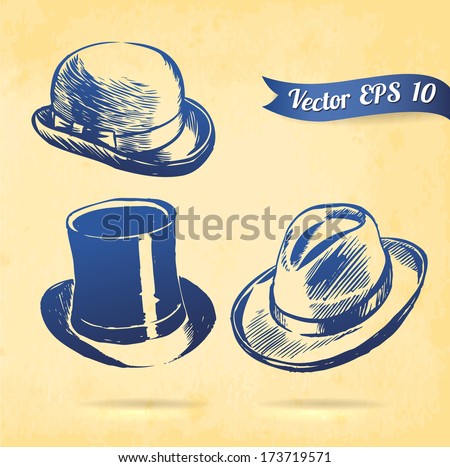 Vector Collection of Vintage Hats. Top hat - vintage brushstroke illustration. Vintage hats gentleman