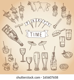 Vector Collection Of Vintage Party Canapes, Dips  And Drinks Icons. Hand Drawn Vintage Illustration With Canapes, Cocktails, Wine Glasses, Beer Bottles, And Dips. Party Set.