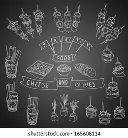 Vector collection of vintage party canapes and dips. Hand drawn vintage Illustration with canapes, dips and finger-food. Party set. Cheese and olive. Chalkboard design. 