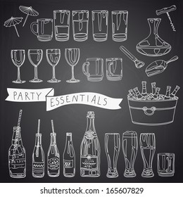 Vector collection of vintage party essentials icons. Hand drawn Illustration with cocktails, wine glasses, beer bottles, tubule for a cocktail, party cups and masks. Party set. Chalkboard design.