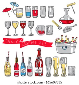 Vector collection of vintage party essentials icons. Hand drawn Illustration with cocktails, wine glasses, beer bottles, tubule for a cocktail, party cups and masks. Party set. 