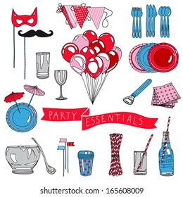 Vector collection of vintage party essentials icons. Hand drawn Illustration with cocktails, wine glasses, beer bottles, tubule for a cocktail, party cups and masks. Party set. 