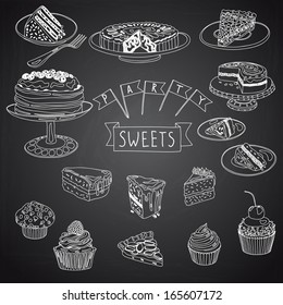 Vector collection of vintage party pastry, cakes and sweets icons. Hand drawn retro illustration with Cakes and cupcakes. Teatime set. Chalkboard design.