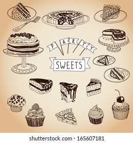 Vector collection of vintage party pastry, cakes and sweets icons. Hand drawn retro illustration with Cakes and cupcakes. Teatime set.