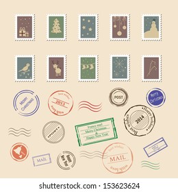 Vector Collection Of Vintage Post Stamps. Perfect For Christmas And New Year Holidays. Eps 10