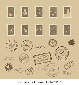Vector collection of vintage post stamps for Christmas and New year holidays. Eps 10