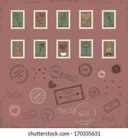 Vector collection of vintage post stamps for St. Valentine day, wedding design, invitation, congratulation, scrapbook. Romantic collection.  Eps 10