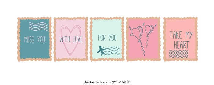 Vector collection of vintage post stamps for St. Valentine day, wedding design, invitation, congratulation, scrapbook. Romantic collection.