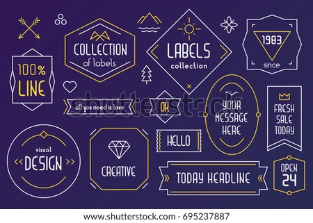 Vector collection of vintage simple label, frame and different elements with text. Thin line art style design for packaging label, quote, logo, print
