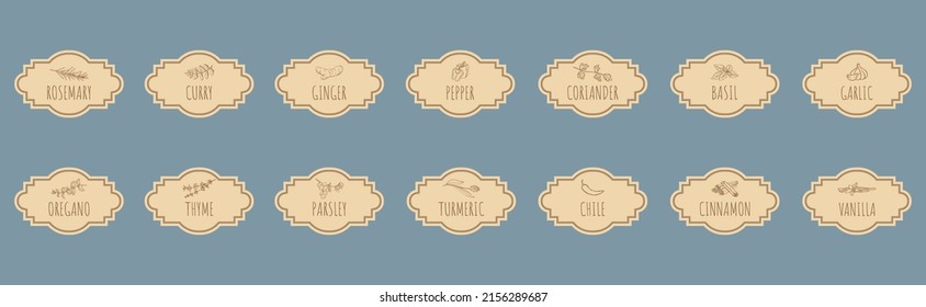 Vector collection of vintage stickers with spices labels. Set of retro labels for spices. stickers, cards for marking kitchen food containers with spices