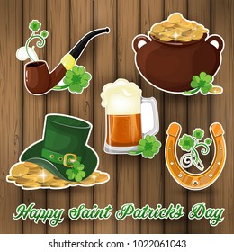 Vector collection of vintage stickers for St. Patrick s Day with hand drawn elements. Stock vector.
