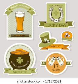 Vector collection of vintage stickers for St. Patrick's day with hand drawn elements