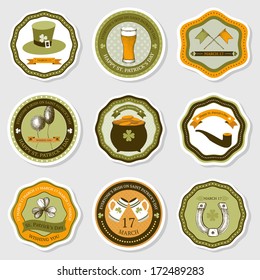 Vector collection of vintage stickers for St. Patrick's day with hand drawn elements