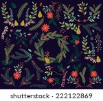 Vector Collection of Vintage Style Hand Drawn Christmas Holiday Florals
