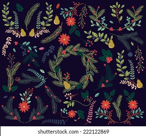 Vector Collection Of Vintage Style Hand Drawn Christmas Holiday Florals