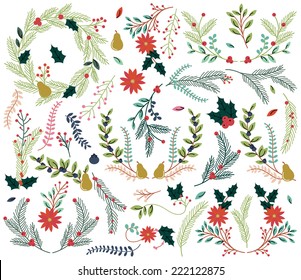 Vector Collection of Vintage Style Hand Drawn Christmas Holiday Florals