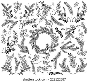 Vector Collection of Vintage Style Hand Drawn Christmas Holiday Florals