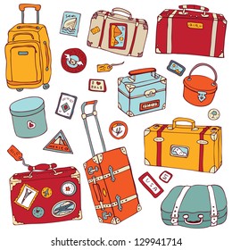 Vector Collection of vintage suitcases. Travel Illustration isolated.