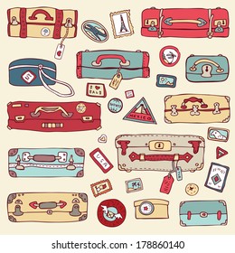 Vector Collection of vintage suitcases. Travel Illustration isolated.