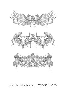 Vector collection of vintage vignettes of dead bull skulls, angel wings, coat of arms, flowers and ribbons, heraldic decorative element in antique style, black outline illustration isolated on white