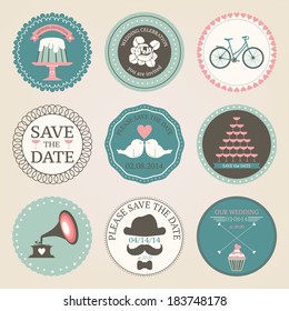 Vector collection of vintage wedding  decorative stickers.  Retro set of wedding circles