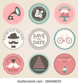 Vector collection of vintage wedding decorative stickers. Retro set of wedding circles