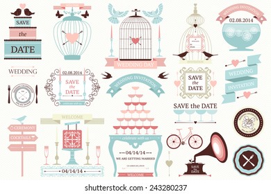 Vector collection of vintage wedding frames  and icons. Set of holiday decoration elements.