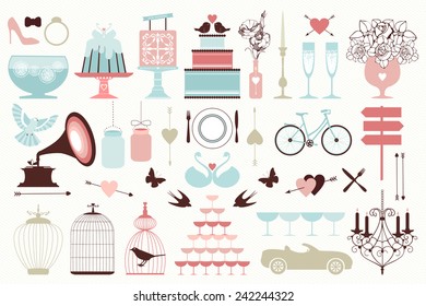 Vector collection of vintage wedding objects and icons. Set of holiday decoration elements.