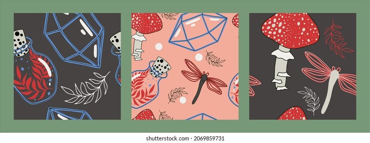 Vector collection of vintage witchcraft cartoon elements, magic shop for witch concept, wizard character set. Set of seamless ornaments. Flat design, cartoon, hand-drawn. Fabulous elements.