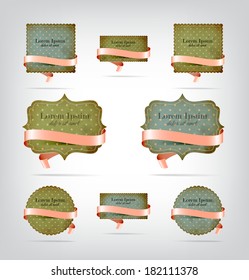 Vector collection of vintage worn old paper die cut badges / banners with silky ribbons and dotted patterns