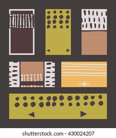 Vector collection of vivid colored business vertical and horizontal cards and banner, hand drawn with liquid ink and brush, with splashes, stripes and imperfections. Set of isolated on black designs.