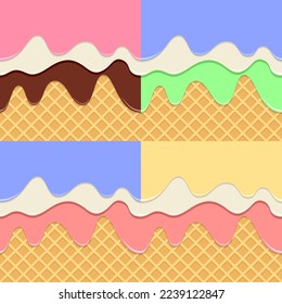 vector collection of wafer with colorful fruit syrup, icecream and melting chocolate backgrounds. seamless waffle texture pattern. crispy wafer with sweet fudge and sprinkles. eps10 illustration