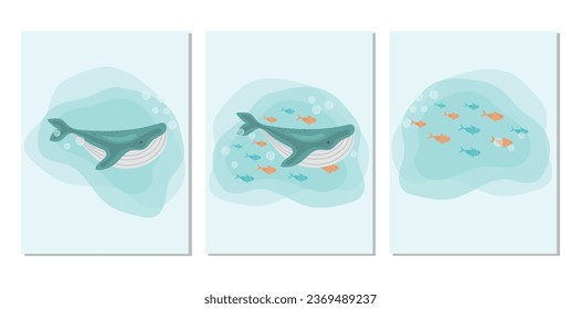 Vector collection of wall art. A whale, a whale with fish, a school of small colored fish, on a blue spot. Wallpaper design for room decoration, room poster, cover, wallpaper