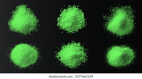 vector collection of wasabi textures in various forms: fine powder, paste, and coarse granules. High-quality images with a black background, ideal for design, culinary, or background use.	
