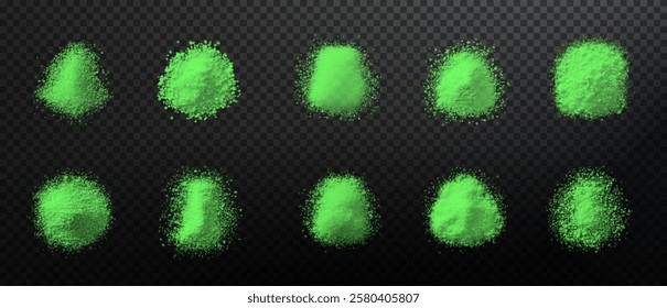 vector collection of wasabi textures in various forms: fine powder, paste, and coarse granules. High-quality images with a black background, ideal for design, culinary, or background use.	