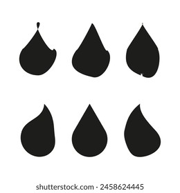 Vektorgrafik Kollektion von Wassertropfen. Verschiedene Formen von schwarzen Tröpfchen. Flüssigkeits- oder Flüssigkeitssymbolsatz.