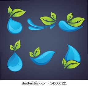 vector collection of water and leaves emblems and symbols on dark blue background