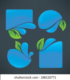 vector collection of water stickers and green leaves symbols on dark background