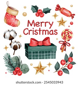 Vector collection of watercolor Christmas elements and lettering
