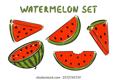 Vector collection watermelon slices and halves set isolated on white background vector illustration