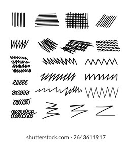 Vector collection of wavy black paint strokes. Dirty curved lines and wavy brushstrokes. Ink illustration, on white background. Collection of grunge brushstrokes with wavy, scribble, hand drawn lines