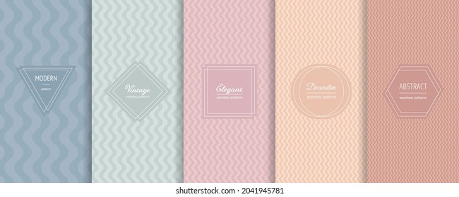 Vector collection of wavy geometric seamless patterns in trendy pastel colors. Abstract minimal striped textures with elegant modern minimalist labels. Stylish geo wave backgrounds collection design