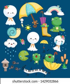 a vector collection of weather dolls, frog, and snail in a weather theme