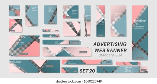 colección vectorial de anuncios de banners web con tamaños estándar. Fondo con formas coloridas superpuestas