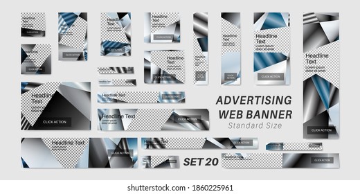 vector collection of web banner ads with standard sizes. Background with metal triangles in gradient color overlapping