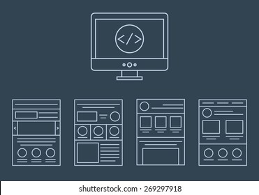 vector collection of web development icons - html css tags and page layout  isolated on white background isolated on dark background